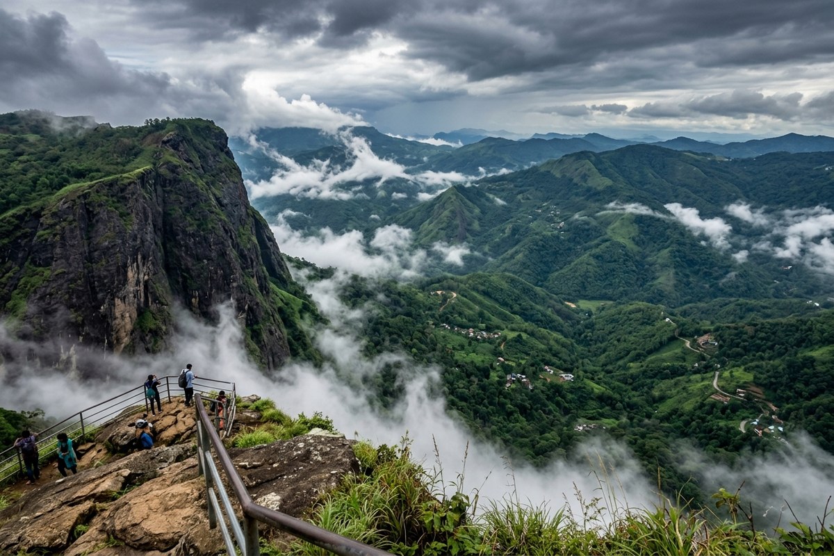 Paruthumpara panoramic highland cliff viewpoint with rolling green hills and dramatic clouds