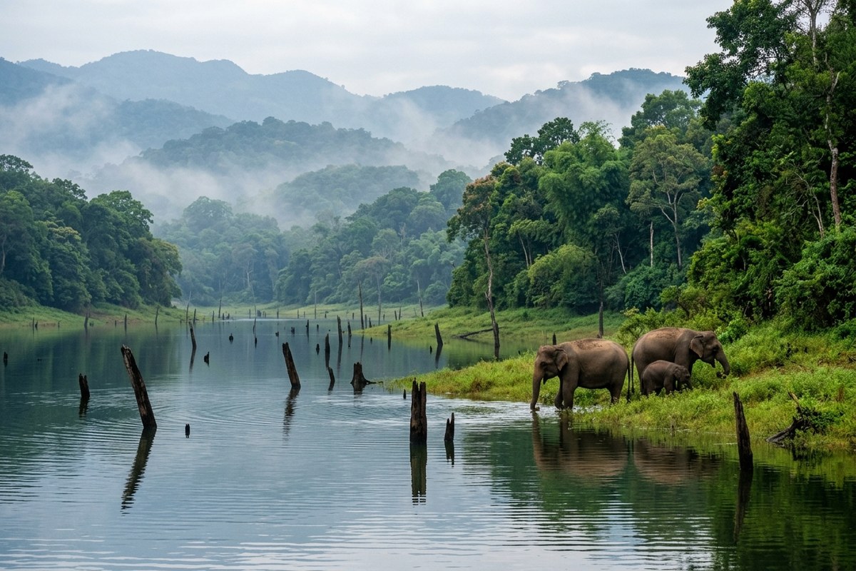 Thekkady Periyar Lake forest scenery with Asian elephants grazing at water edge