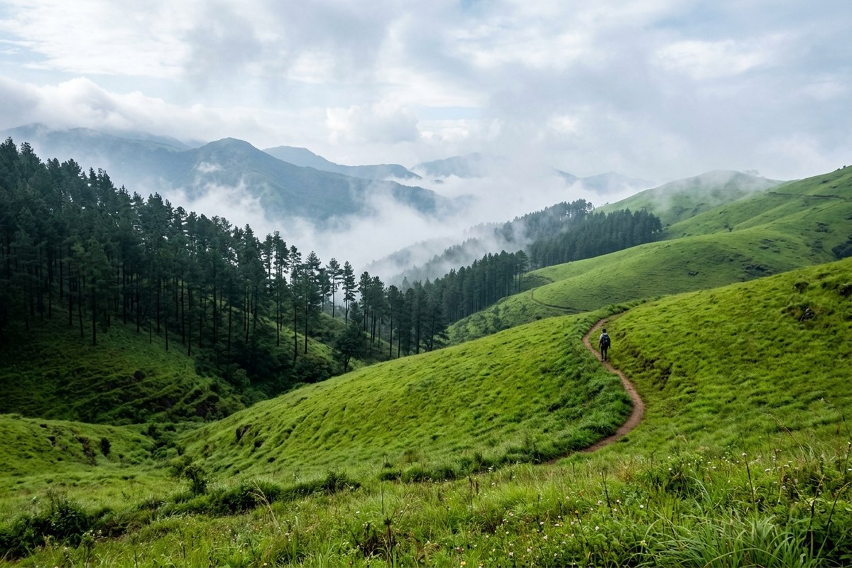 Vagamon rolling green meadows with mist-covered hills and a dense pine forest